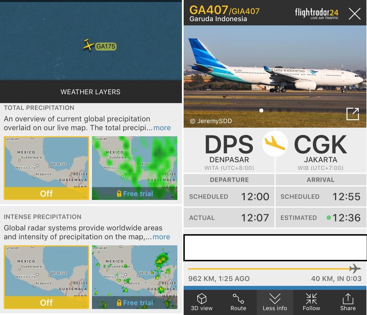 Flightradar 24 bisa menyediakan kondisi cuaca terkini dan data dari pesawat yang dipilih