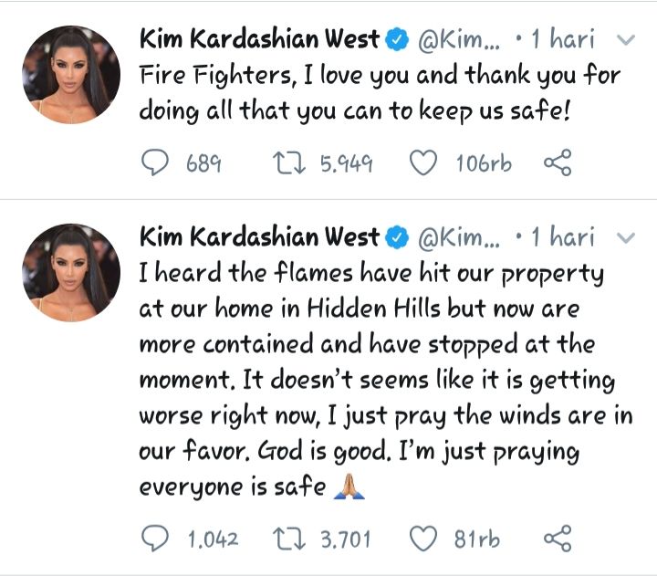 Kim Kardashian berterima kasih kepada petugas yang telah membantu memadamkan api di rumahny