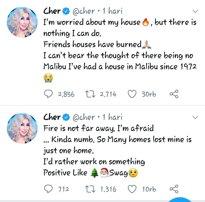 Cher mengungkapkan kekhawatirannya melalui twitter