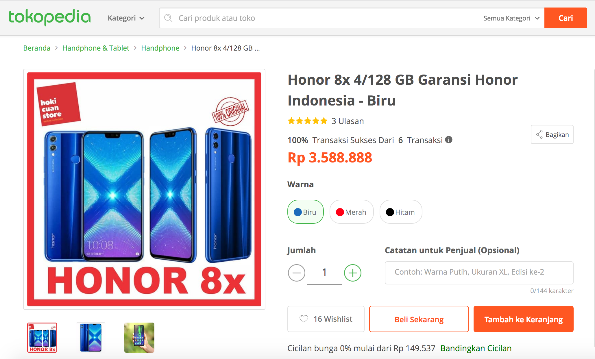 Honor 8X di Tokopedia