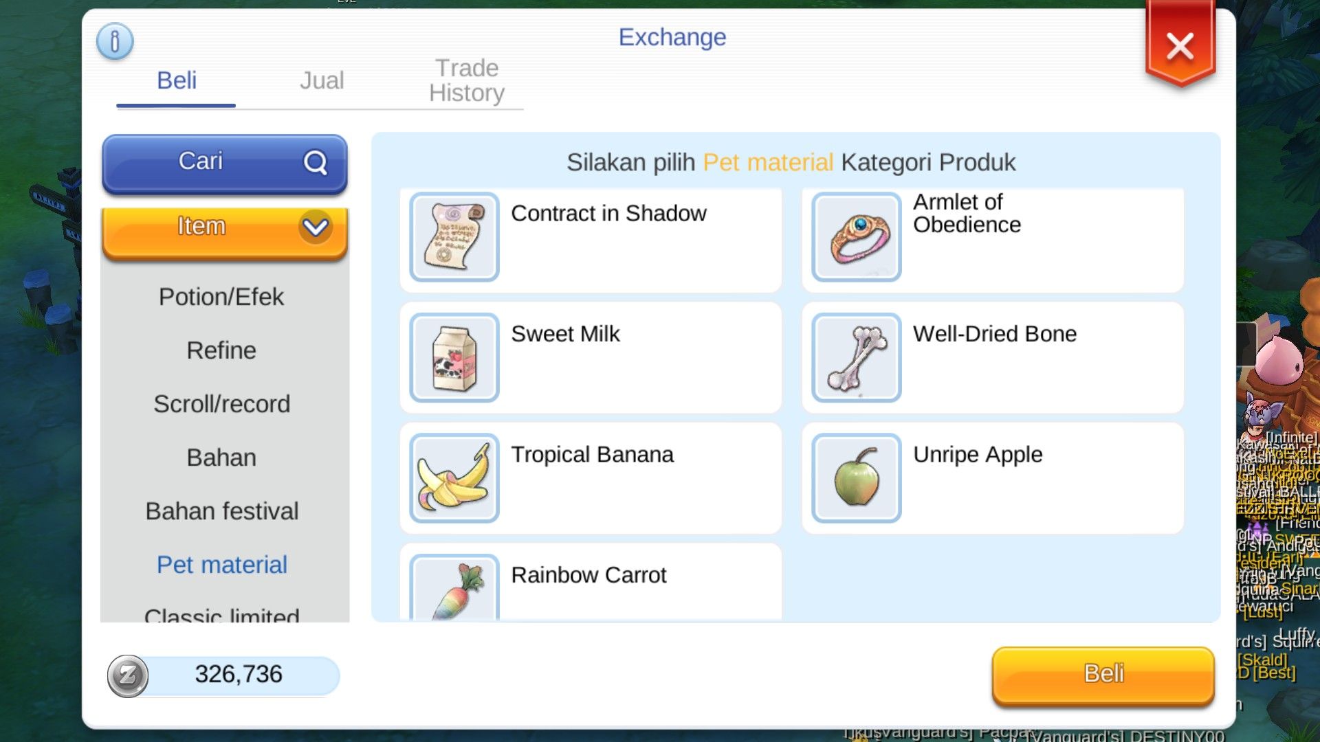 Membeli makanan pet di Exchange (South Gate Prontera) Ragnarok M Eternal Love