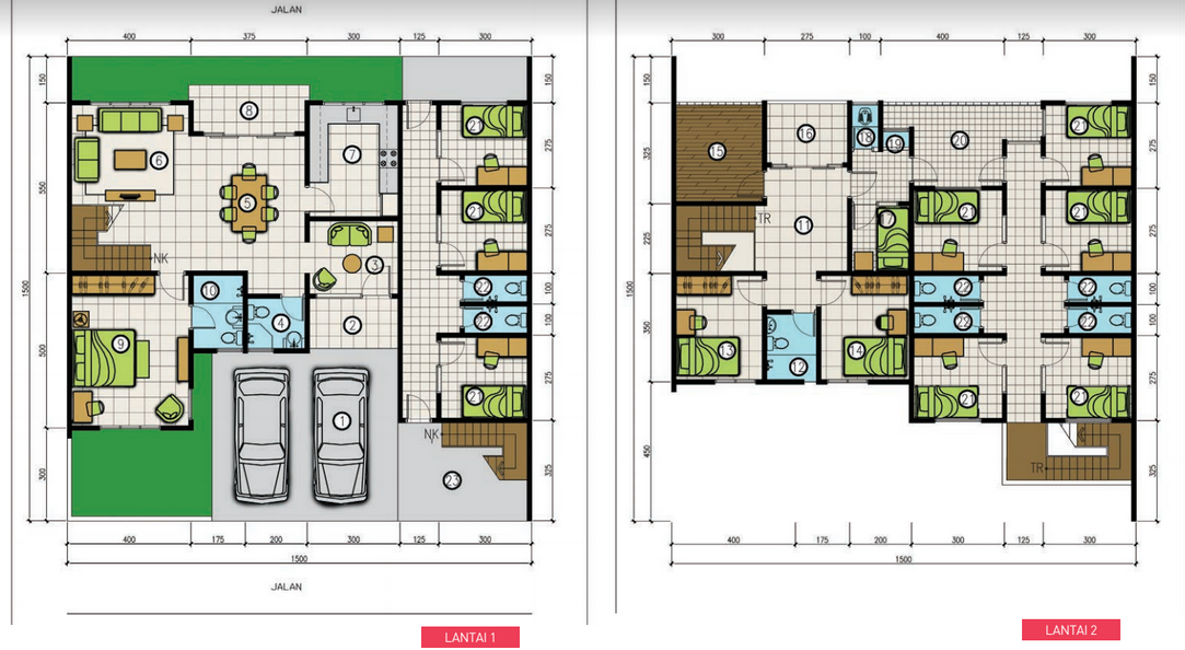 Denah bangunan ide renovasi rumah di atas lahan 225 m2.