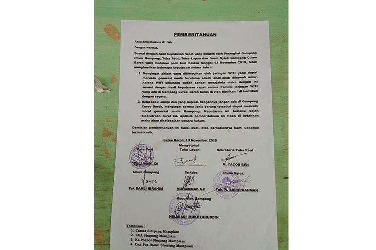 Surat imbauan pemutusan jaringan wifi di Desa Curee Baroh, Aceh