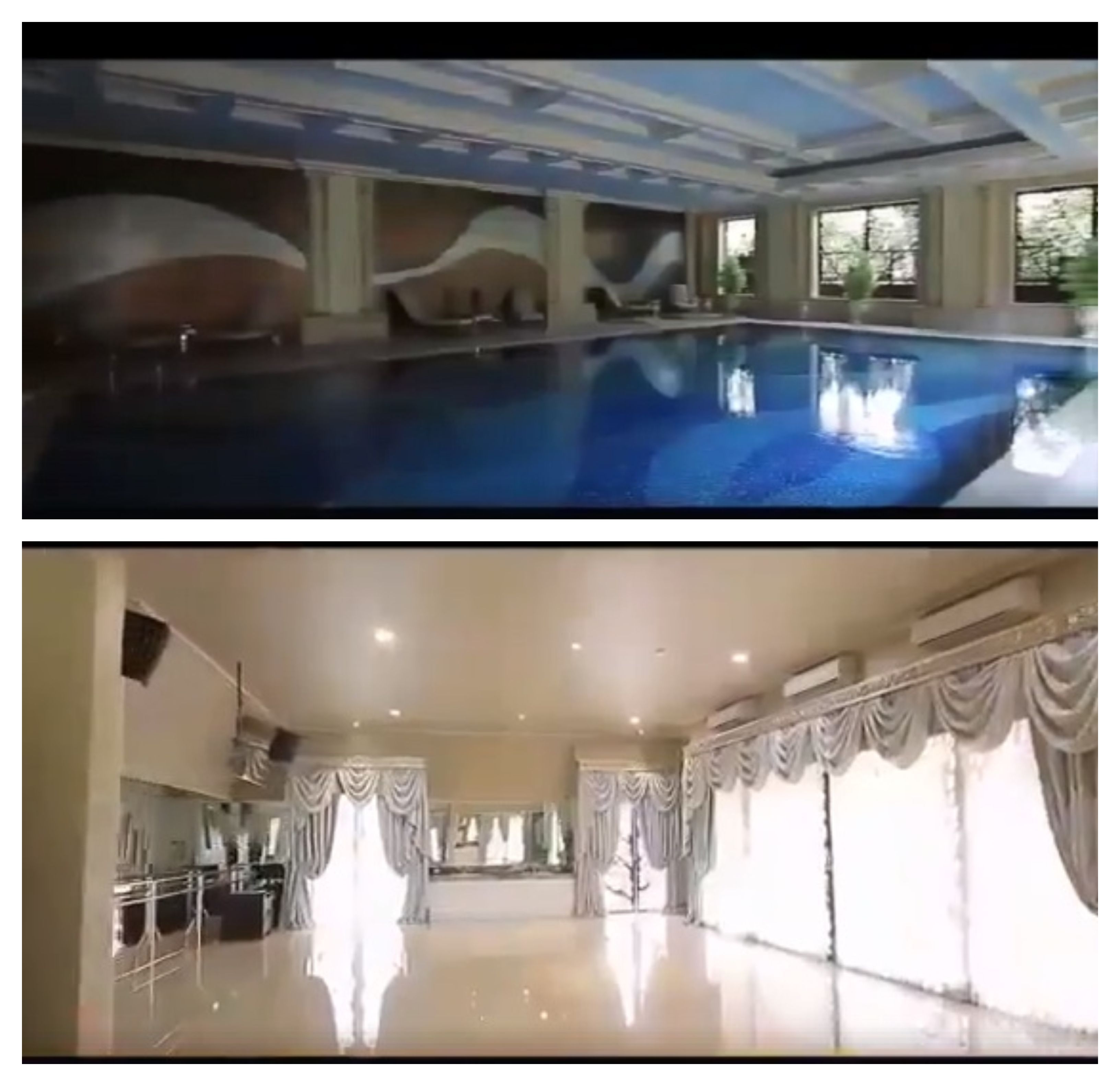kolam renang indoor (atas) dan hall/aula di dalam rumah (bawah)