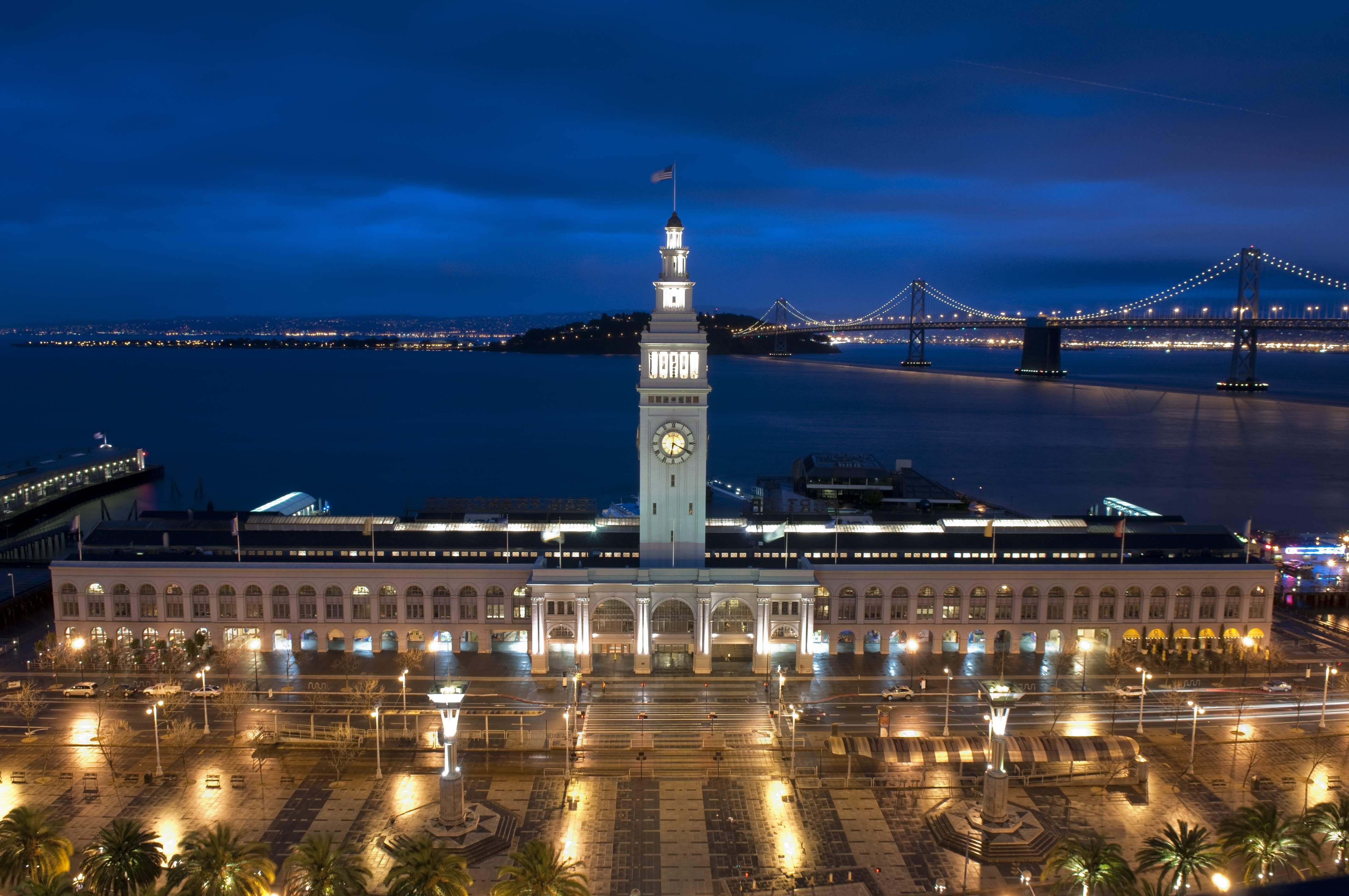 The Embarcadera in San Francisco, California at night.