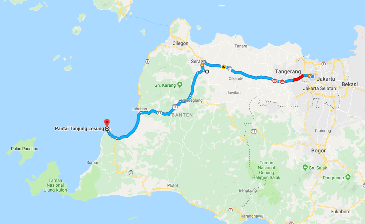 Gambaran rute Jakarta menuju Tanjung Lesung.