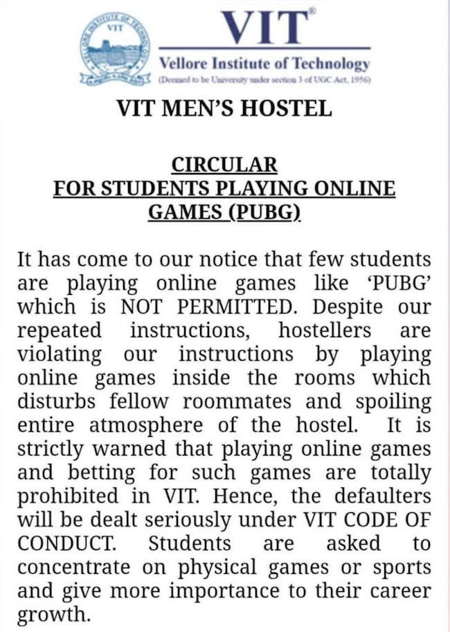 Surat peringatan untuk para pemain PUBG di Universitas yang ada di India