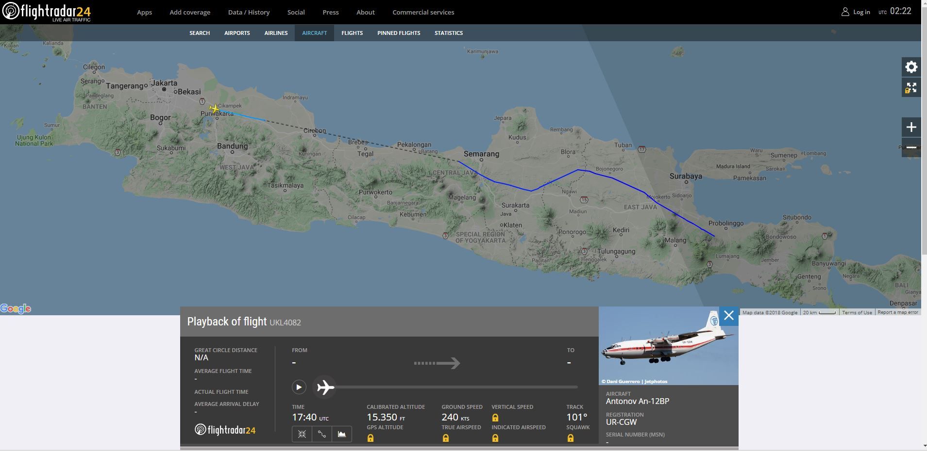 Data penerbangan Pesawat Antonov An-12BP yang melintasi langit Indonesia, Jumlat (14/12/2018.