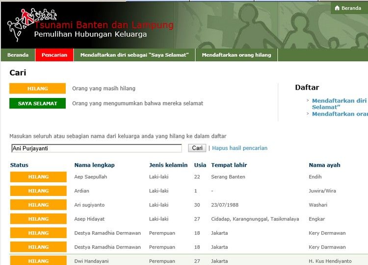 Sistem Pencarian Orang Hilang di situs PMI