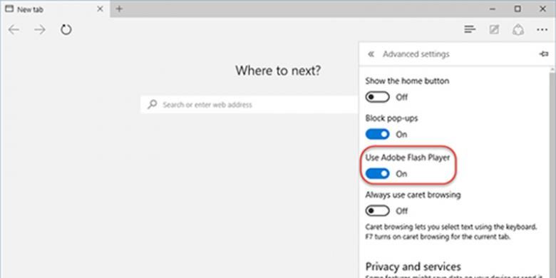 Edge hanya meyediakan opsi untuk mematikan Flash secara keseluruhan