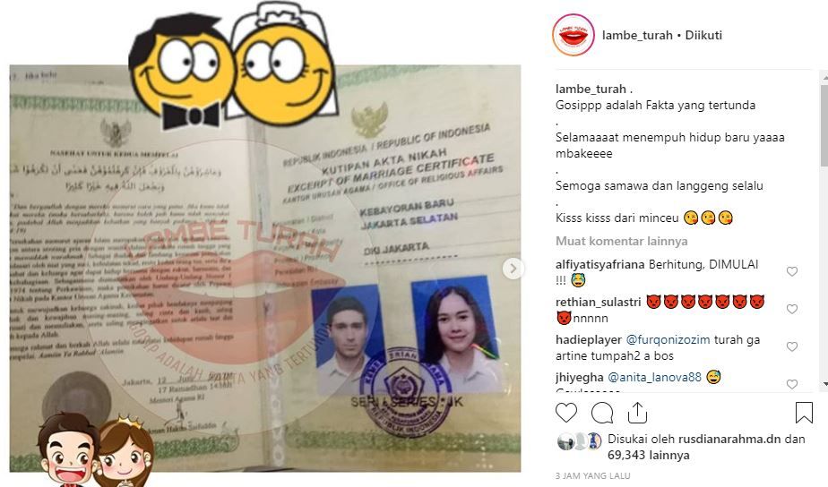 Postingan @lambe_turah tentang kabar pernikahan Aura Kasih.