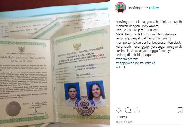 Buku Nikah Milik Aura Kasih dan Eryck Amaral