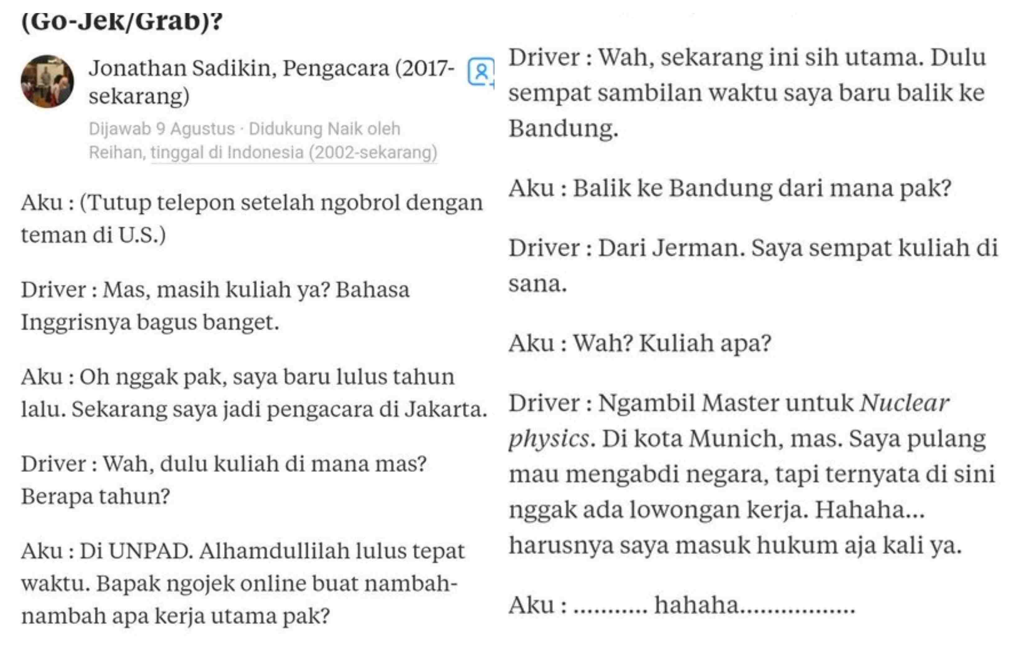 percakapan Jonathan dengan driver ojol