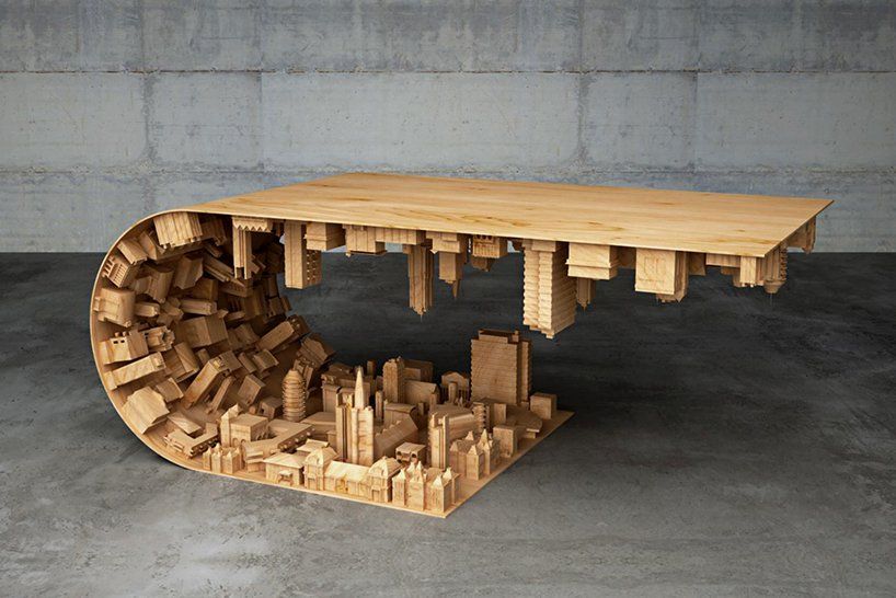 Meja kopi ini terbuat dari kayu dan baja