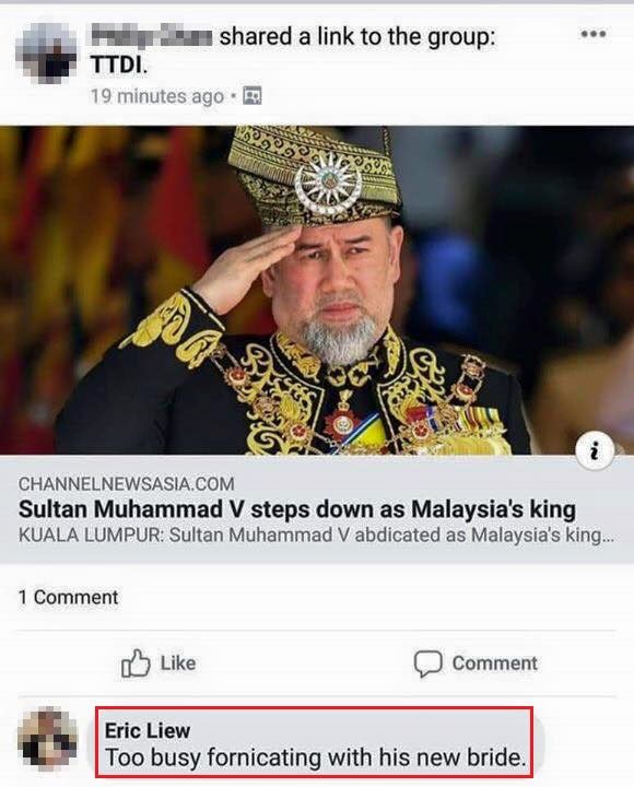 Komentar Eric terhadap turunnya takhta Sultan Muhammad V 