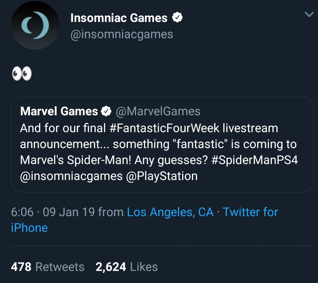 Reaksi Insomniac Games di Twitter terhadap kolaborasi dengan Fantastic Four