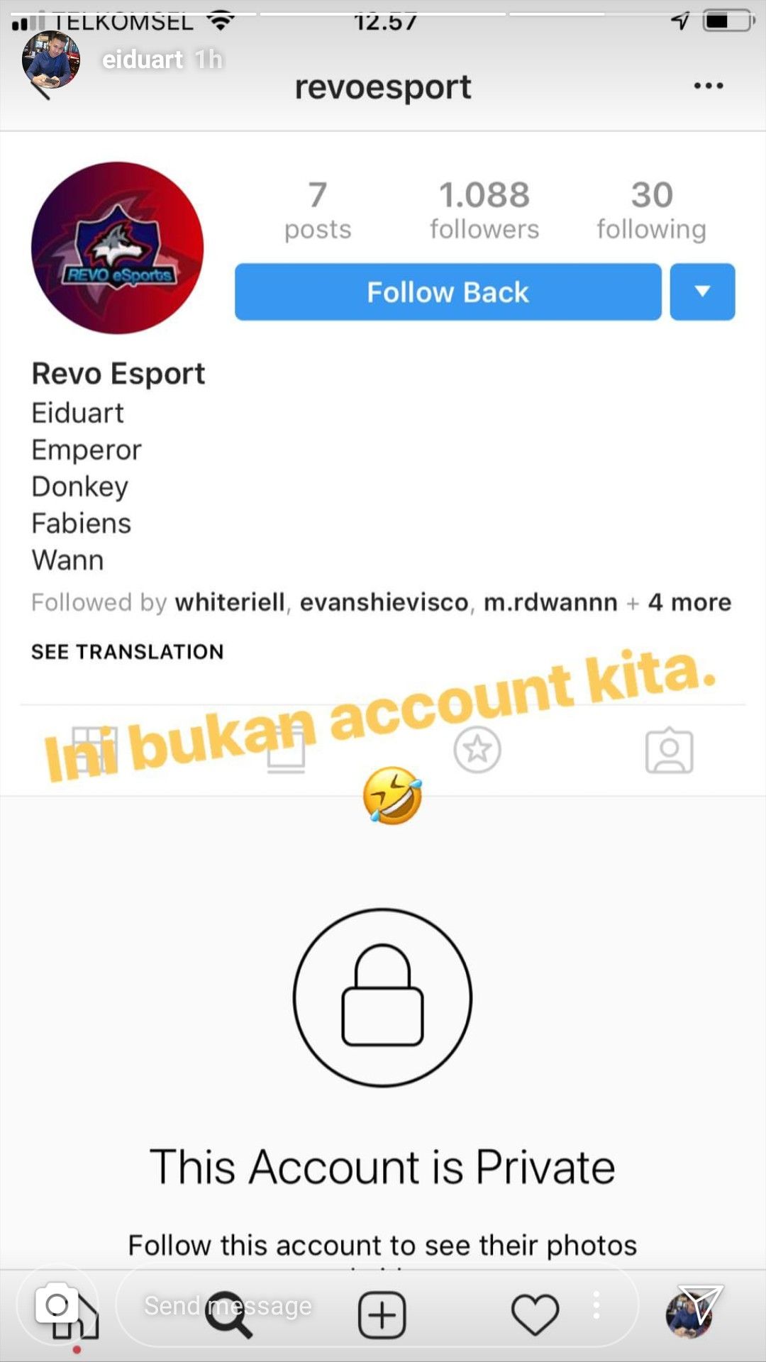 Pengumuman dari Eiduart terkait fake account instagram yang mengatasnamakan REVO eSports