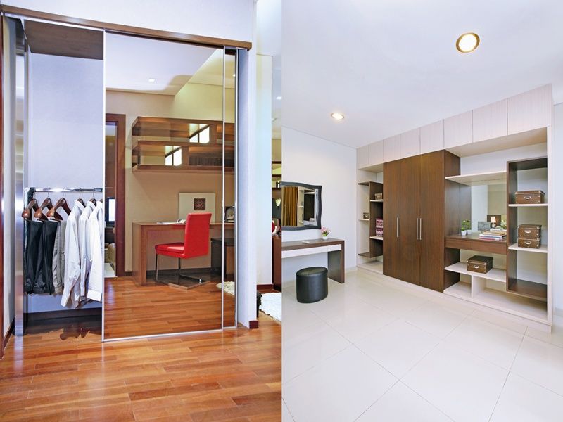 Dua contoh dressing room simpel hanya terdiri dari lemari built-in dan meja rias.