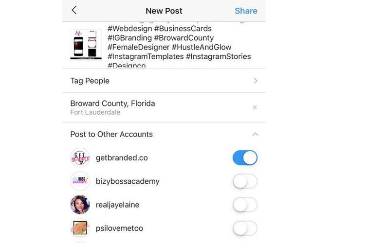 Tampilan fitur Instagram yang mampu memposting foto atau video ke banyak akun sekaligus