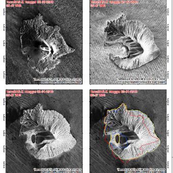 Citra satelit perubahan morfologi Gunung Anak Krakatau. 