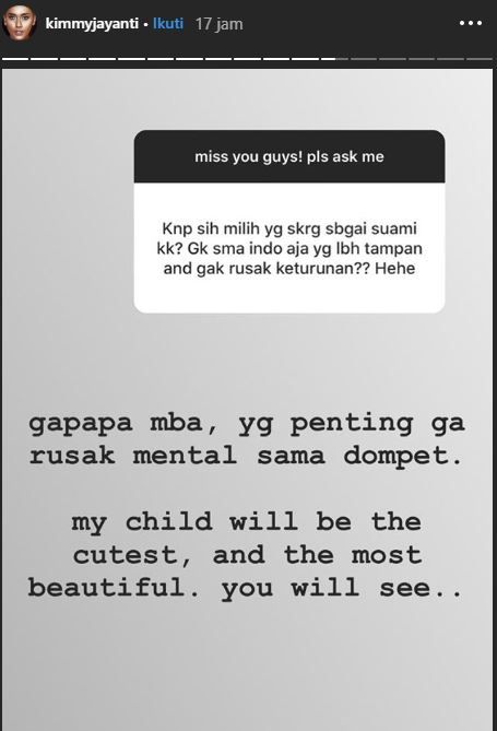 Tangkap layar instastory kimmy Jayanti. 