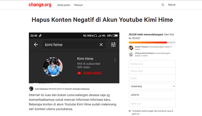 Petisi hapus konten negatif di kanal YouTube Kimi Hime