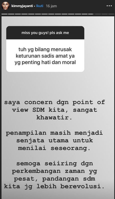 Tangkap layar instastory Kimmy Jayanti 