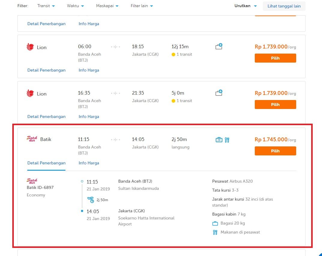 harga tiket Batik Air Banda Aceh- Jakarta