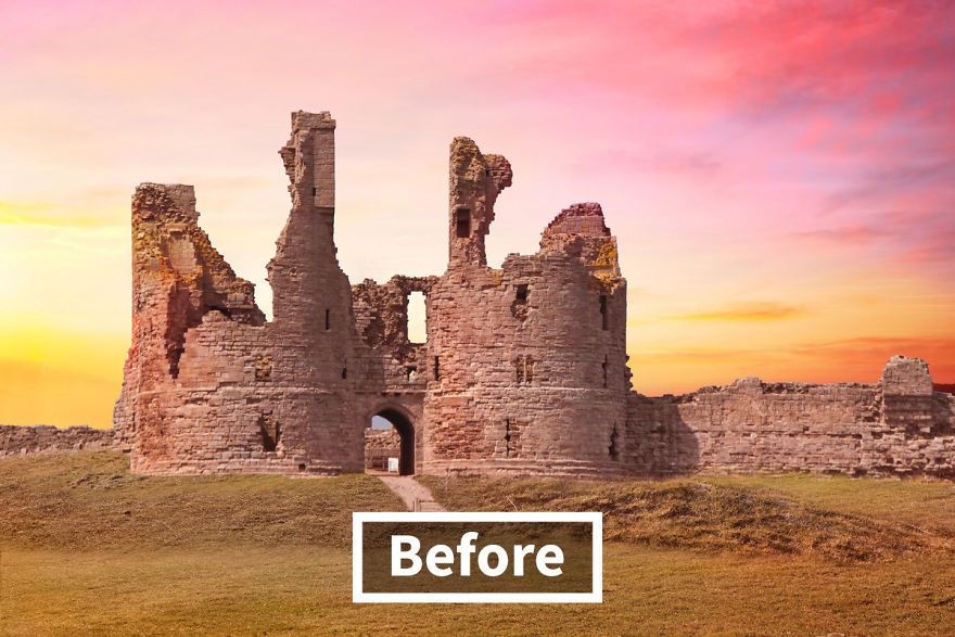 Kastil Dunstanburgh (Northumberland, Inggris) sebelum direkonstruksi oleh teknologi