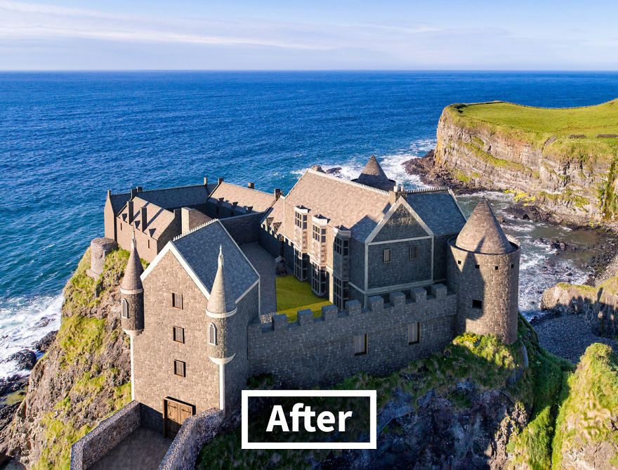 Dunluce Castle (County Antrim, Northern Ireland) setelah direkonstruksi oleh teknologi