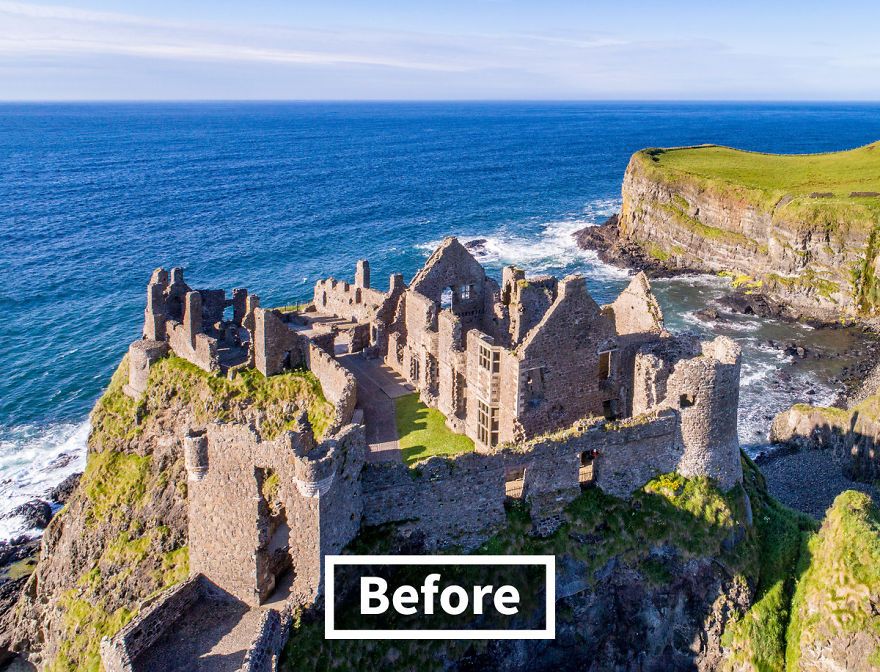 Dunluce Castle (County Antrim, Northern Ireland) sebelum direkonstruksi oleh teknologi