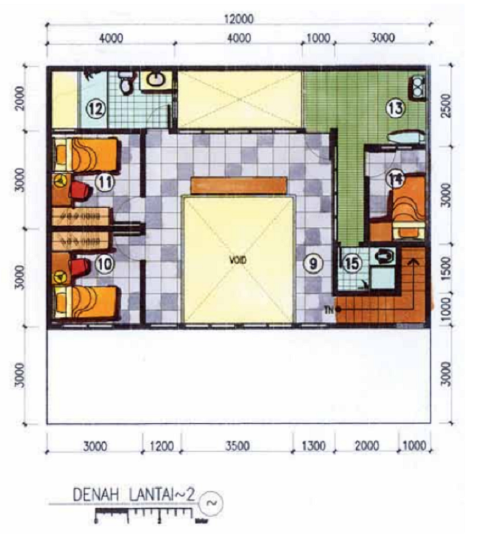 Denah lantai 2 hasil pengembangan inspirasi desain rumah tipe 36. 