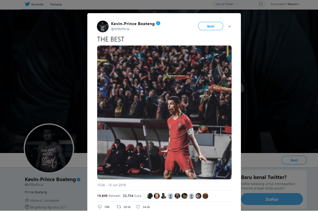 Tweet Kevin Prince Boateng yang menyebut Cristiano Ronaldo sebagai pesepakbola terbaik