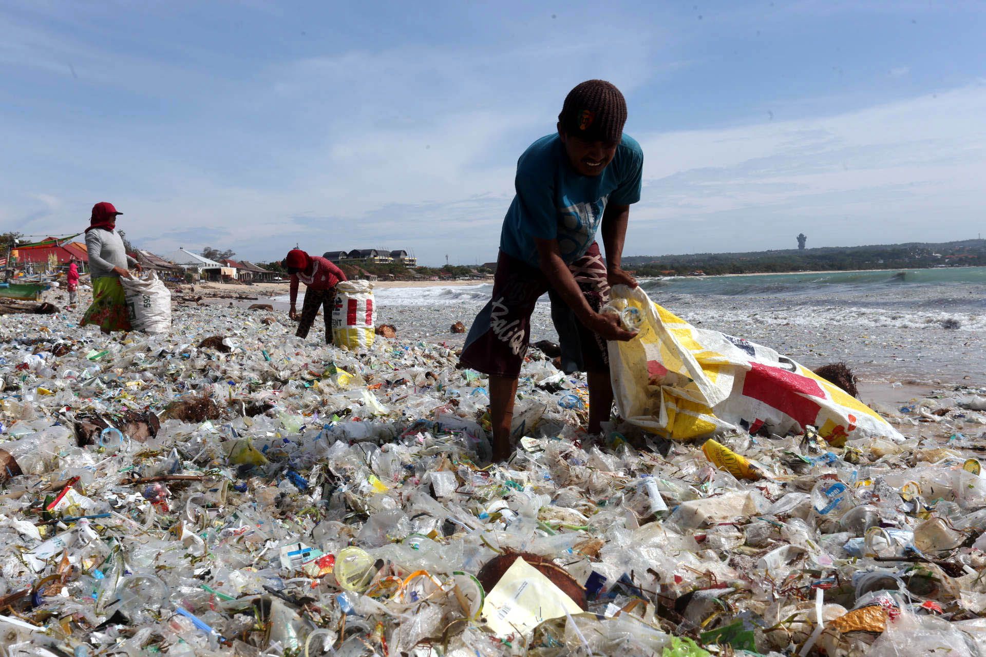 Sejumlah pemulung memungut sampah plastik di Pantai Kedonganan, Badung, Sabtu (26/1/2019). Pantai Kedonganan dipenuhi sampah kiriman yang mayoritas didominasi sampah plastik yang terdampar ke perairan tersebut akibat gelombang tinggi di wilayah perairan Bali selatan. Tribun Bali/Rizal Fanany