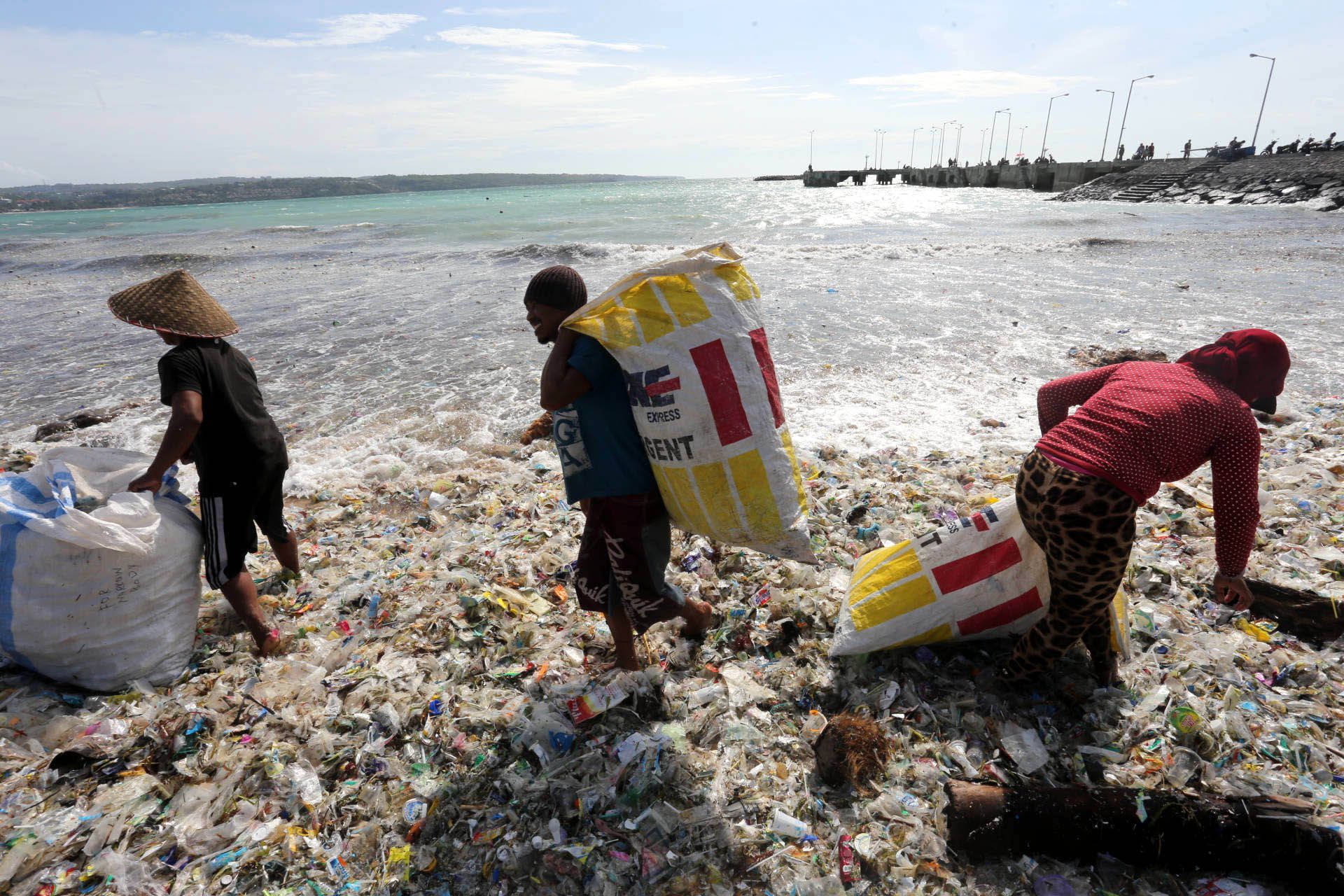 Sejumlah pemulung memungut sampah plastik di Pantai Kedonganan, Badung, Sabtu (26/1/2019). Pantai Kedonganan dipenuhi sampah kiriman yang mayoritas didominasi sampah plastik yang terdampar ke perairan tersebut akibat gelombang tinggi di wilayah perairan Bali selatan. Tribun Bali/Rizal Fanany