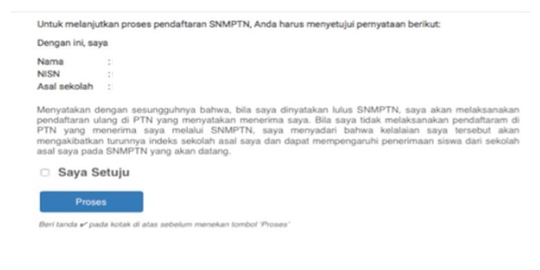 Halaman persetujuan pernyataan pendaftaran SNMPTN(Situs SNMPTN) 