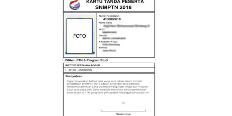 Contoh kartu pendaftaran SNMPTN 2018(Situs SNMPTN) 