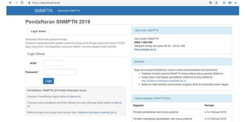 Menu pendaftaran SNMPTN 2019 telah dapat diakses kembali