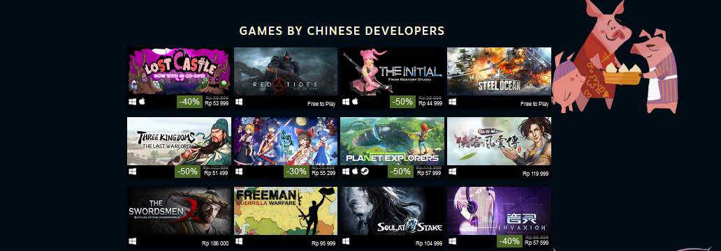 Game popular steam dari developer China diskon sampai 75% dalam rangka Lunar New Year 2019.