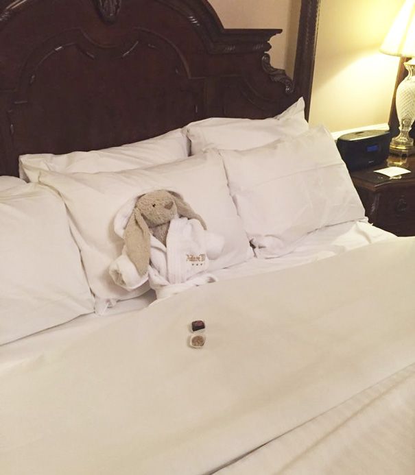 Boneka kelinci sedang menikmati fasilitas bintang lima di hotel