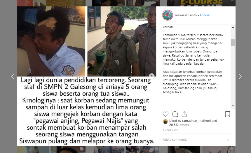 Pengguna media sosial dihebohkan dengan video penganiyaan yang diduga dilakukan oleh siswa SMP Negeri 2 Galesong, Sulawesi Selatan