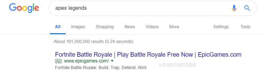 Iklan Fortnite di pencarian Apex Legends di Google