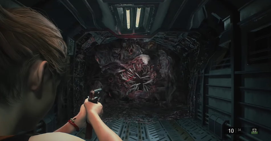 Claire Redfield berusaha membunuh monster terakhir di kereta dalam Resident Evil 2 Remake