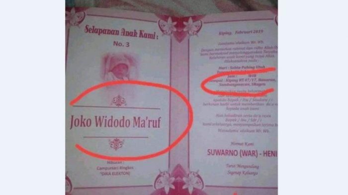 Undangan selapanan Joko Widodo Maruf yang viral di medsos.