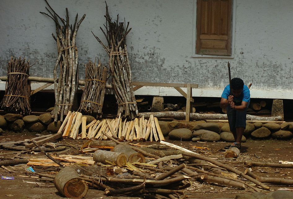 Foto dirilis Rabu (30/1/2019), menunjukkan warga memotong kayu bakar untuk persedian bahan bakar memasak di Kampung Naga, Kabupaten Tasikmalaya, Jawa Barat. Warga Kampung Naga merupakan salah satu masyarakat adat yang masih memegang tradisi nenek moyang mereka, salah satunya adalah tradisi panen pad