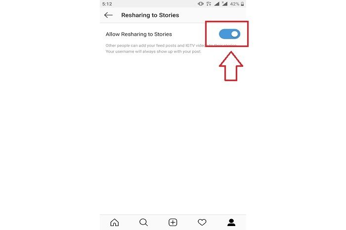 Klik pada kolom yang bertuliskan allow resharing to stories