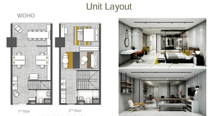WOHO di aprtemen One Parc Puri, menggunakan perbedaan lantai untuk membedakan ruang kantor dan hunian. 