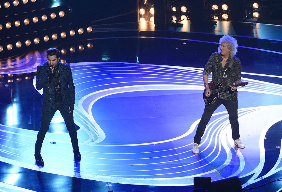 Adam Lambert (kiri) dan Brian May dari Band Queen tampil bersama pada Academy Awards ke-91 atau Oscar 2019, di Dolby Theatre, Los Angeles, Minggu (24/2/2019) waktu AS. Sebanyak 23 nominasi diumumkan pemenangnya dalam ajang penghargaan perfilman bergengsi dunia itu.