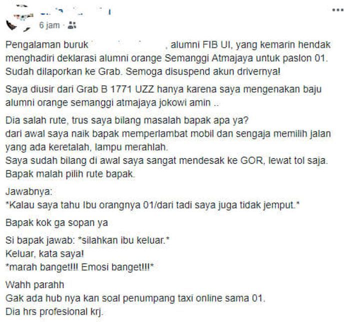 Postingan keluhan penumpang driver grab car