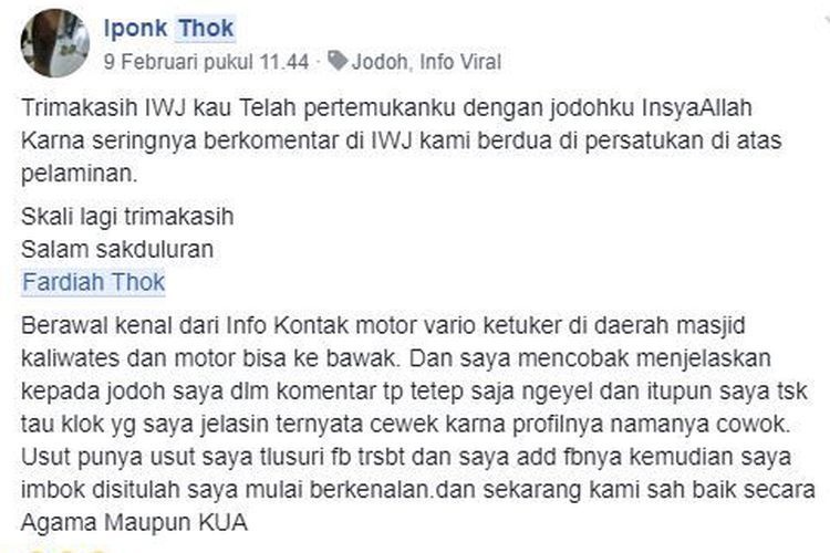 Unggahan terima kasih Iponk di grup Facebook IWJ